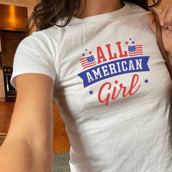 Tops - All American Girl Independence Day Baby Tee y2k, Red White and Blue Shirt, y2k B
